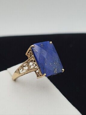 Vintage Fine Jewelry 10k Gold Lapis Lazuli Checkerboard Cut Statement Ring 8.5